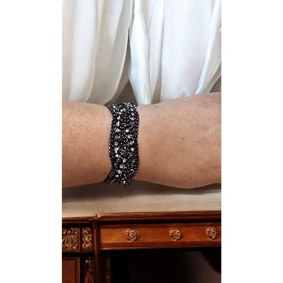 Source Unknown Jewelry - Black Braided Rhinestone Statement Bracelet – Multi-Row Sparkle